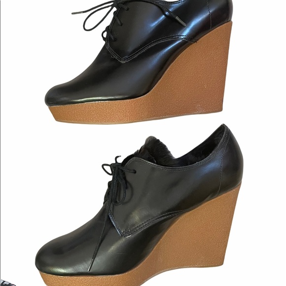 3.1 PHILLIP LIM Black Leather Fur Trim Wedge Platform Pumps Size 10 - Picture 10 of 11